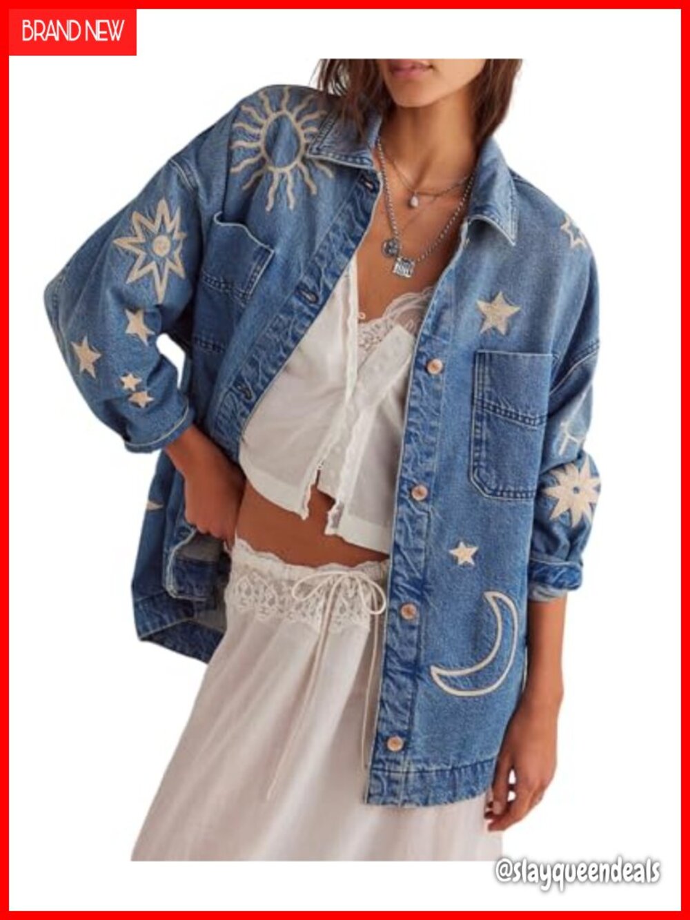 Embroidered Boyfriend Denim Jacket Button Up Oversized Jean Coat